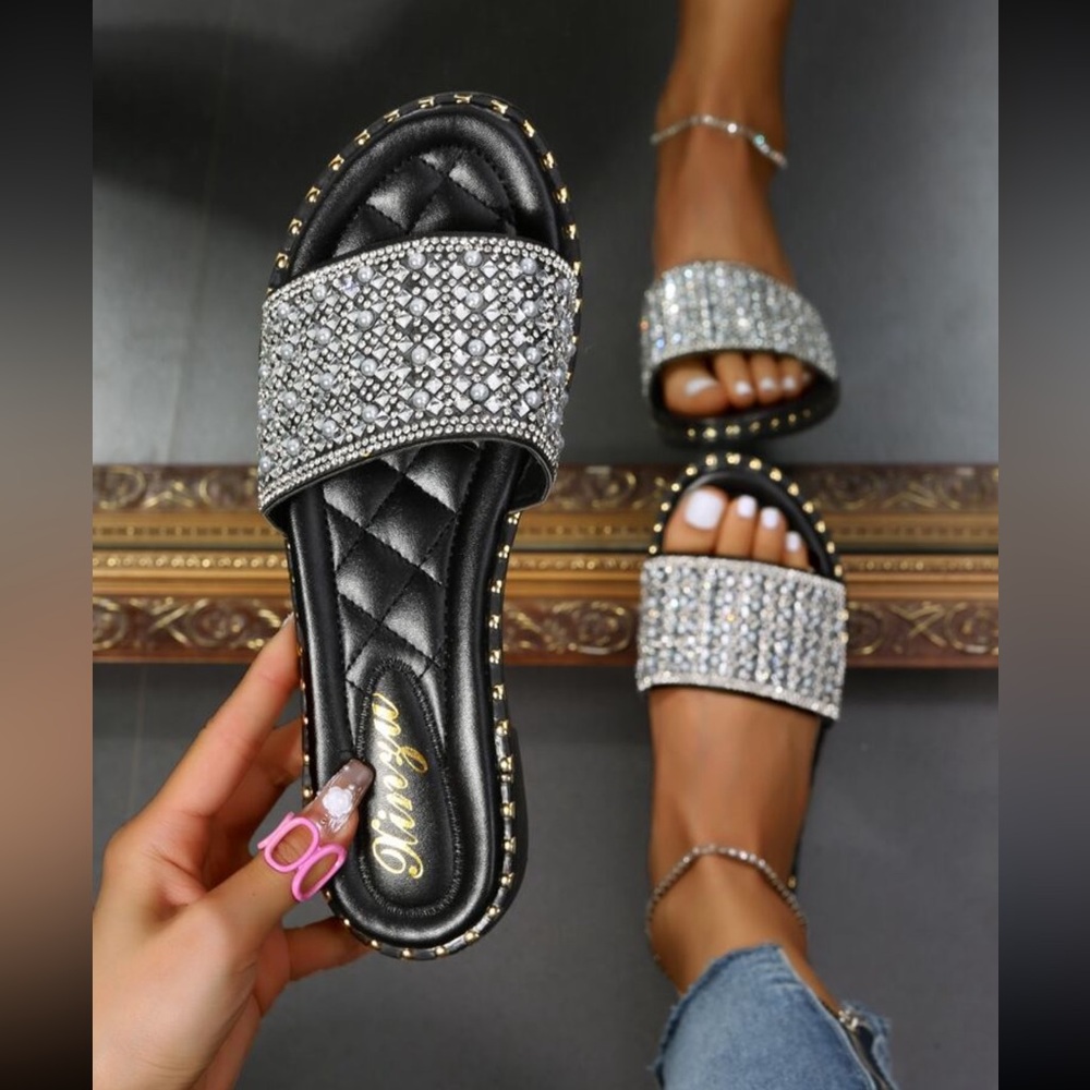 Women’s Black and Silver Studded Slide Sandals